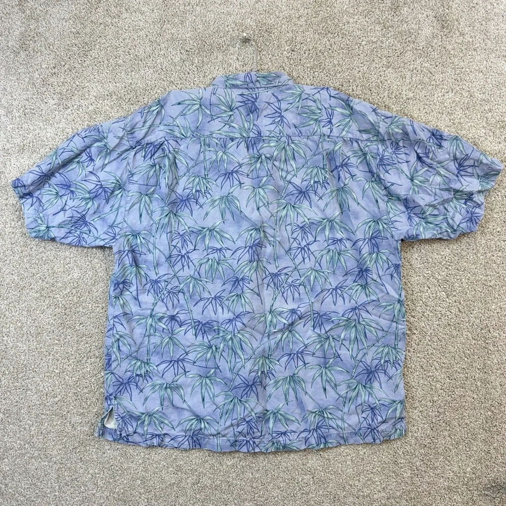 Tommy Bahama Mens‎ Large 100% Silk Blue Bamboo Leaf Print Hawaiian Camp Shirt